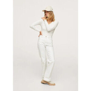 Mango women's sweater V-Neck Ribbed Knit Pullover slim fit White Size S NWT